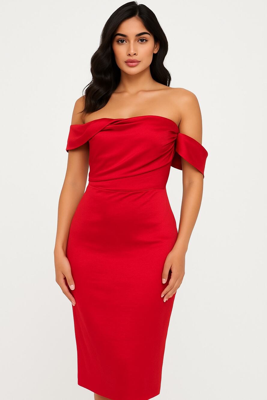 NWT Vesper London Red Off-Shoulder Drape Neck Bodycon Midi Dress Size XS